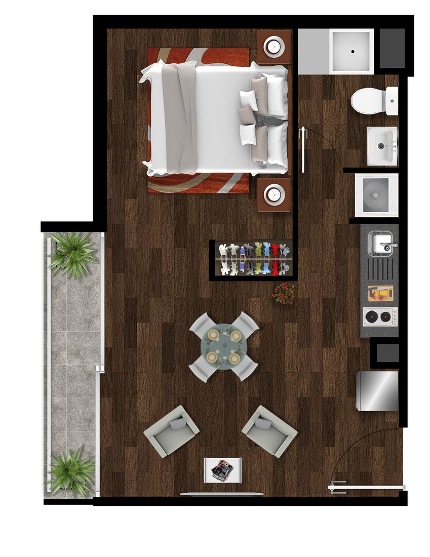 Planta amoblada del Estudio, tipología 2: cocina, baño, zona de dormir, estar y terraza lateral