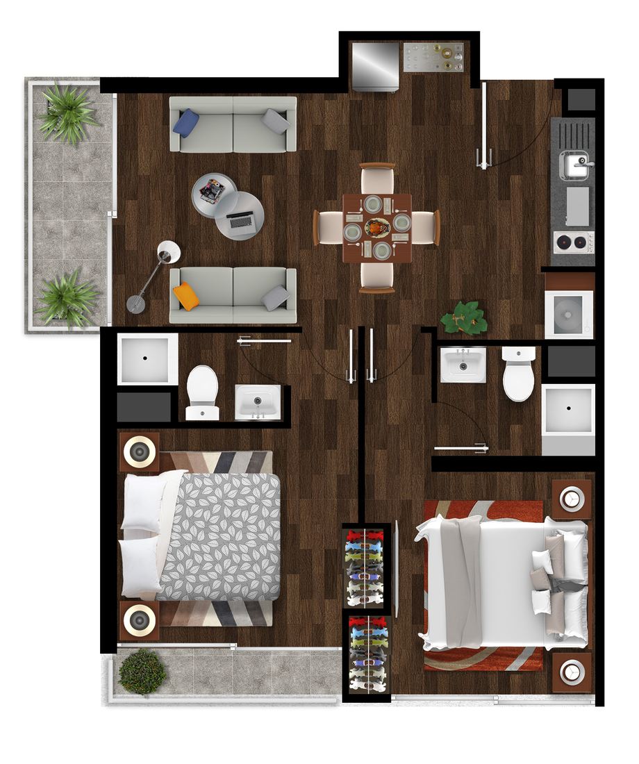 Planta amoblada del 2D2B: dos dormitorios, dos baños, cocina, estar-comedor y dos terrazas