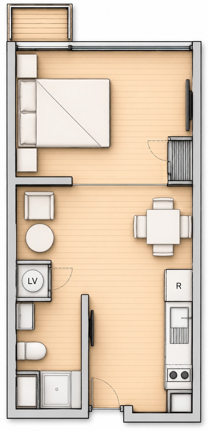 Plano amoblado del modelo B9B del Edificio Don Tomás