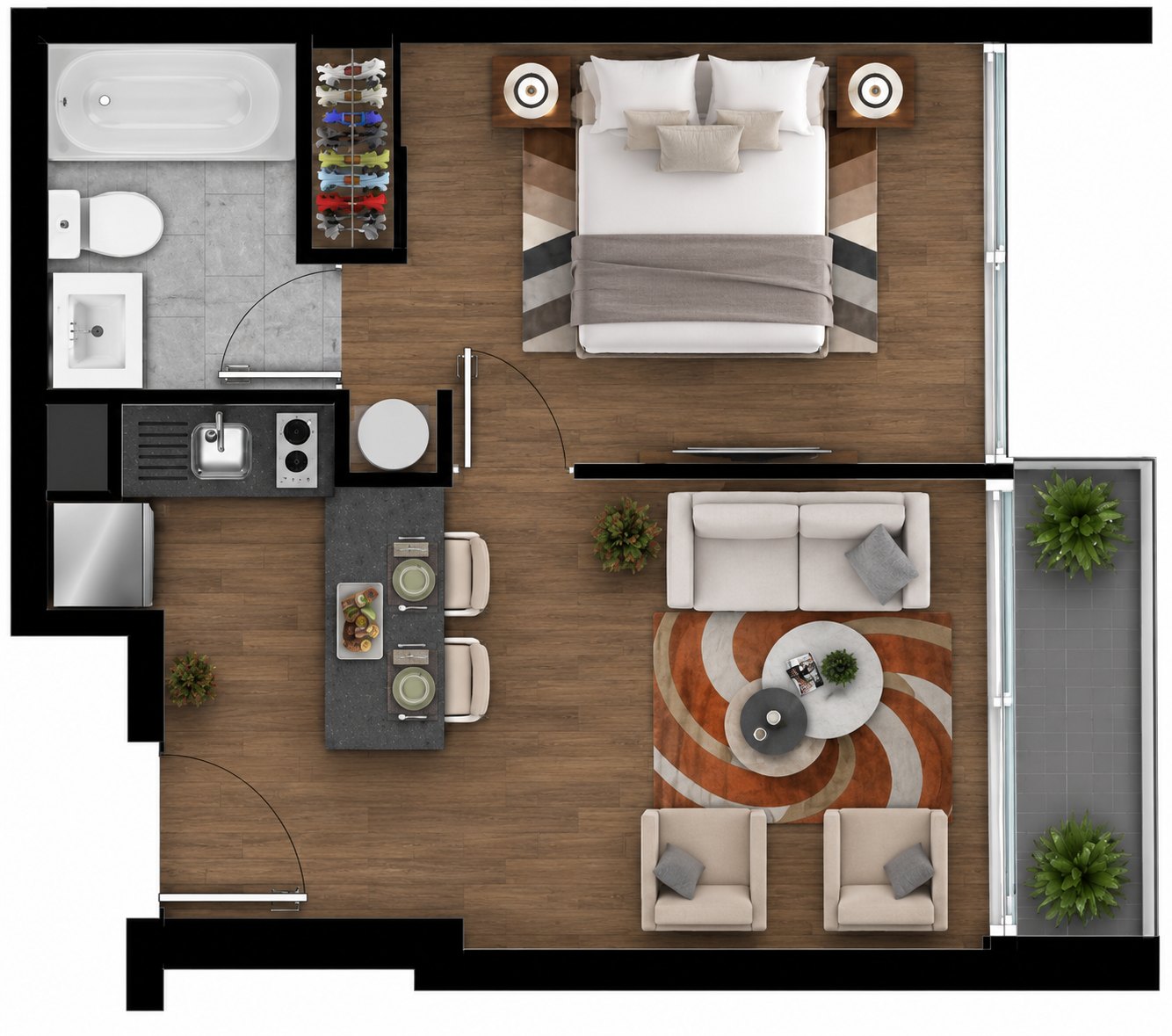 Plano amoblado del modelo B de 1 dormitorio y 1 ba&ntilde;o, Edificio Don Rafael